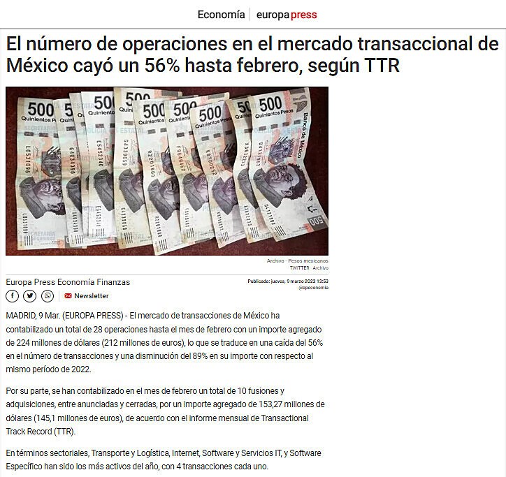 El nmero de operaciones en el mercado transaccional de Mxico cay un 56% hasta febrero, segn TTR